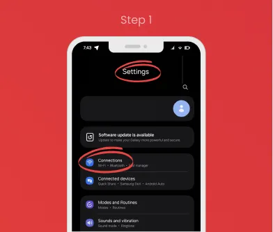 Step 1 of Android eSIM activation: Tap "Settings" and then "Connections" to start setup.