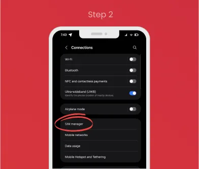 Step 2 of Android eSIM setup: Select "SIM manager" from the Connections menu