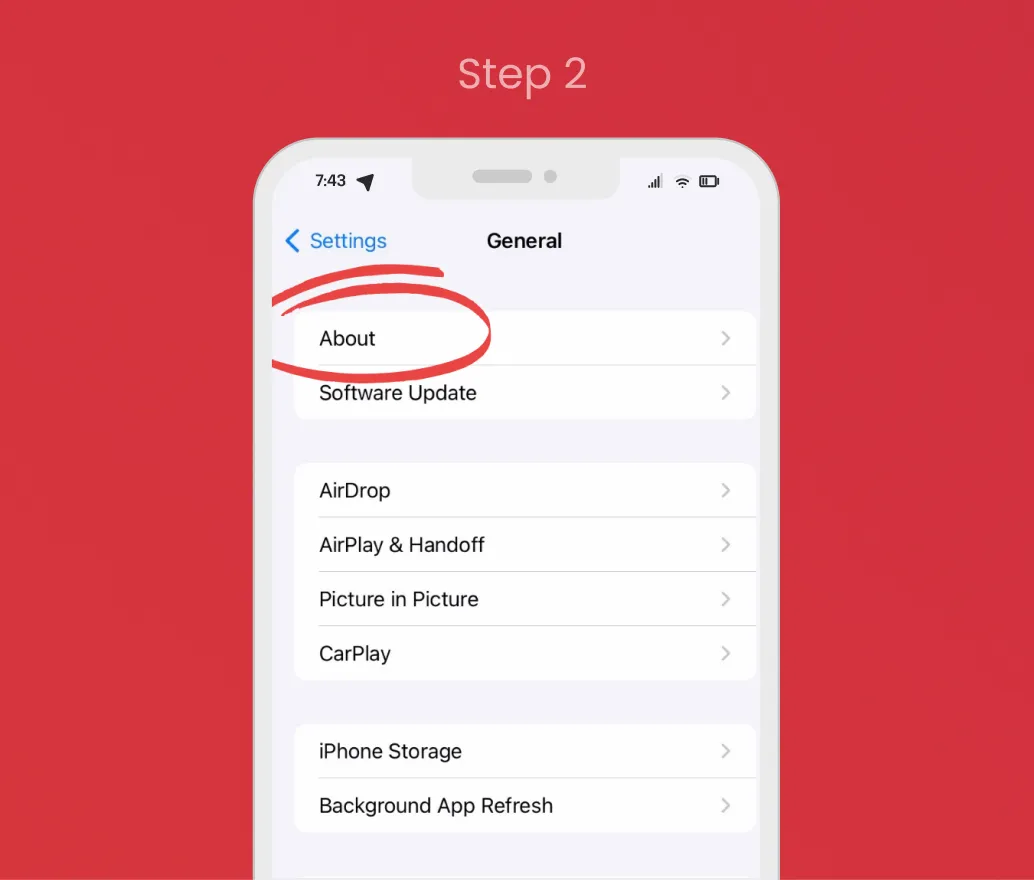 Step 2 of checking eSIM on iPhone: Tap “About” inside the General menu.