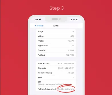Step 3 of iPhone eSIM compatibility check: Look for “No SIM restrictions” under Network Provider Lock.